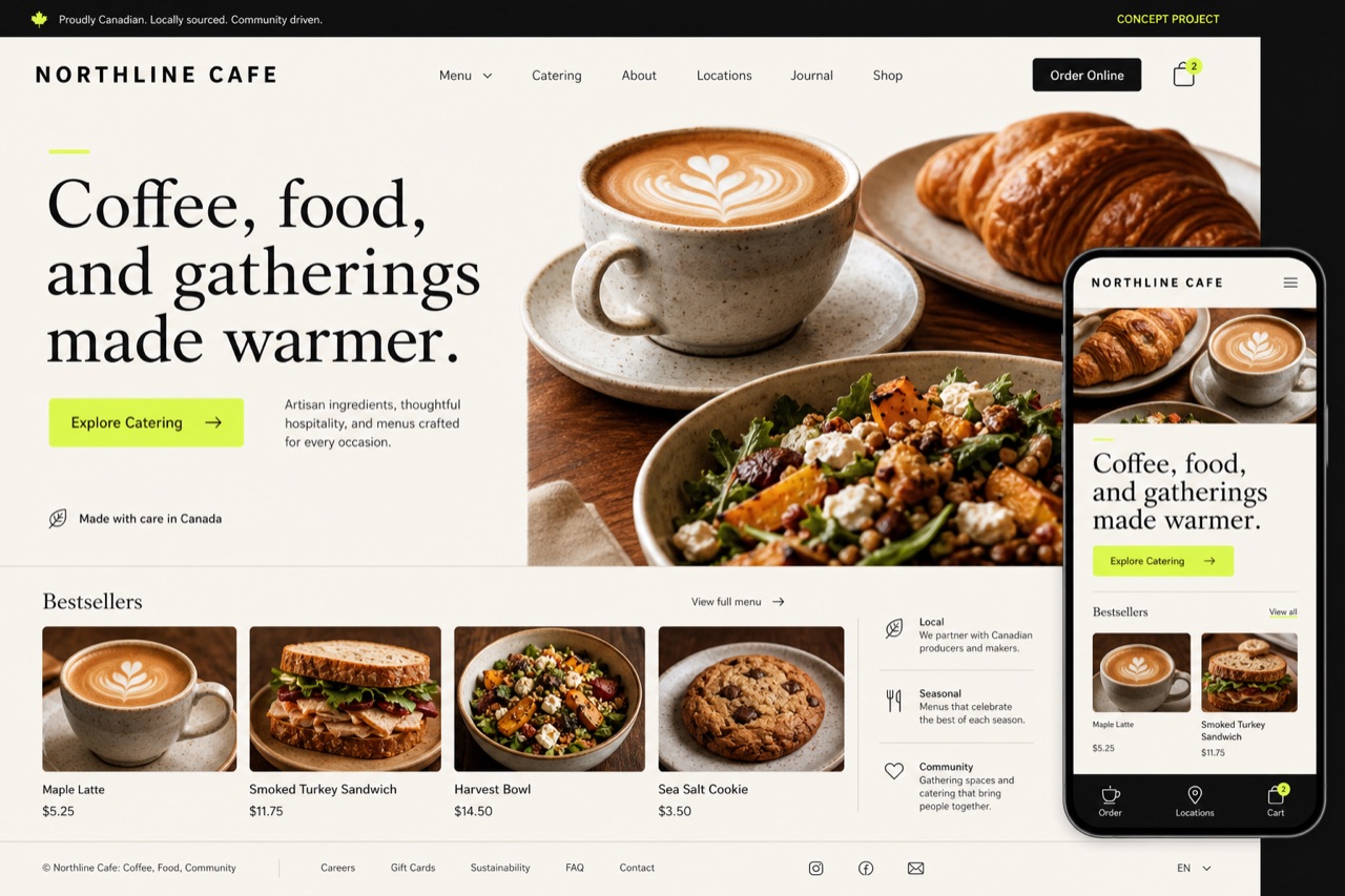 데스크톱과 모바일로 구성된 Northline Cafe 콘셉트 웹사이트
